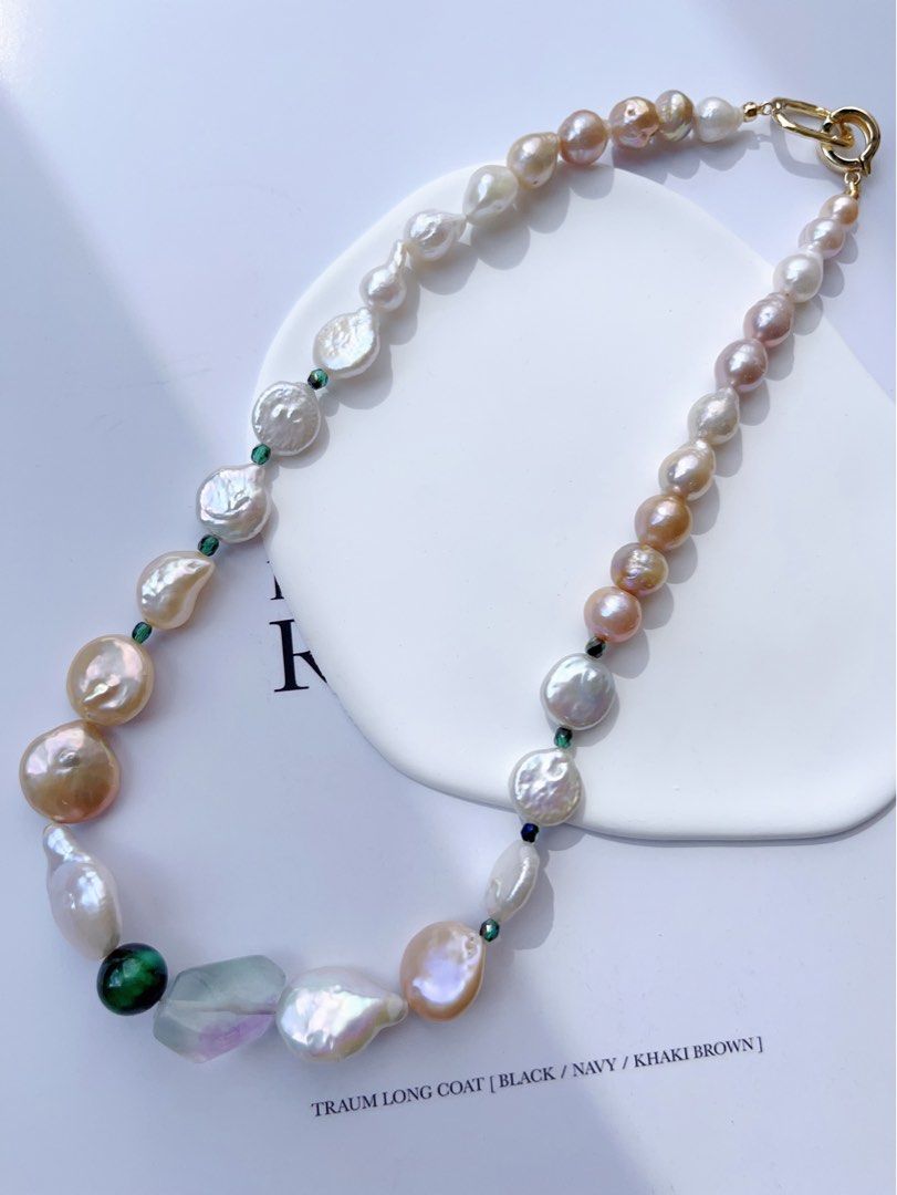 #PN399 [Sale]Autumn’s Forest |Freshwater Pearl Necklace |Fluorite|Malachite|Coin Pearl |Colourful|Wrinkled Baroque Pearl |Golden Lustre