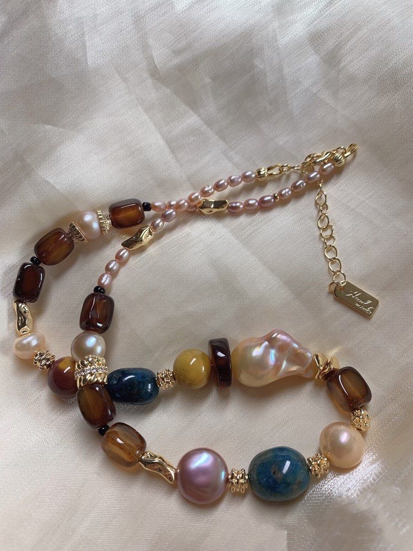 #PN390 [Sale]Handmade Original Design |Freshwater Pearl Necklace |Brown Agate|Natural Stones|Big Baroque Pearl |Button Pearl