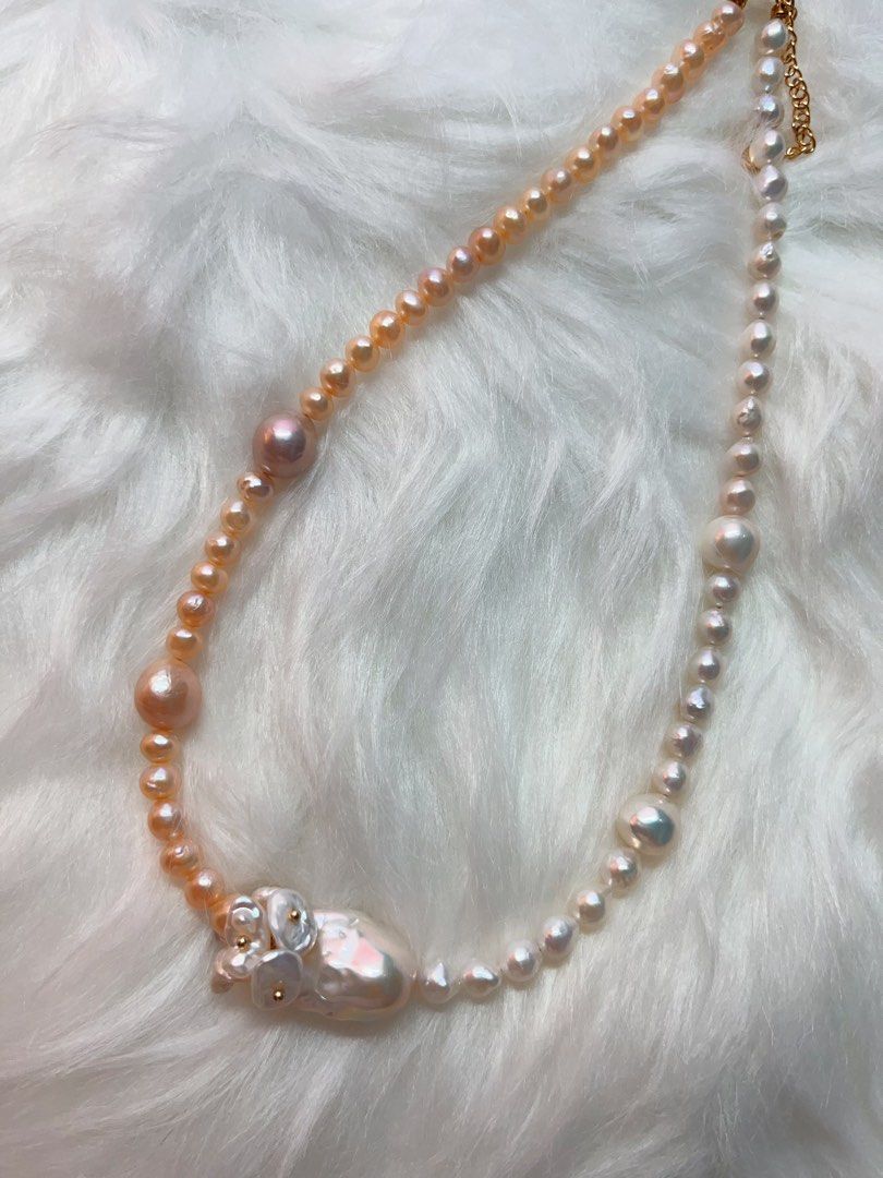 #PN283 [Floral Series] Harmony of Colours | Freshwater Pearl Necklace | Petal Pearl | Big Baroque Pearl | Excellent Lustre | Natural Flaws | Champagne Pink, White