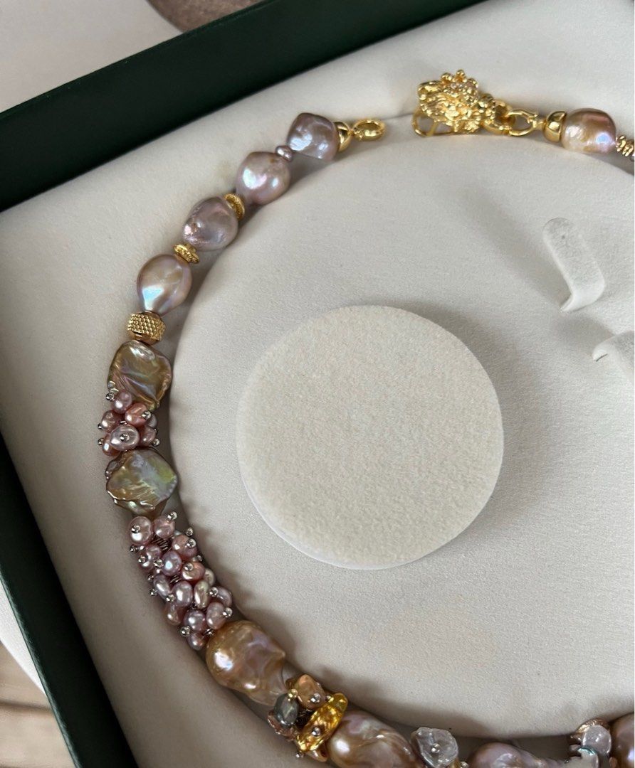 #PN365 [Floral Series] Gilding Purple|Freshwater Pearl Necklace |Dark Golden Lustre|Big Lute Petal Pearl |Rare Colour |Colourful Petals|Big Golden Baroque Pearl