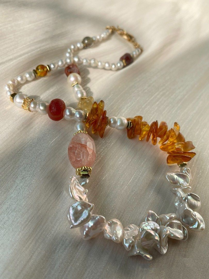 #PN303 Nature’s Elegance |Freshwater Pearl Necklace |Beeswax Petal|Big Fire Quartz Barrel |Petal Baroque Pearl |Green Phantom | Citrine Debris