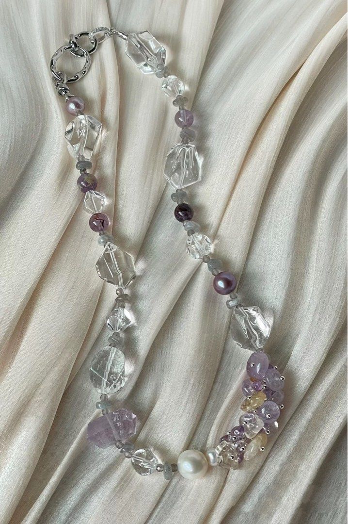 #PN351 [Floral Series] Jewels of the Earth|Freshwater Pearl Necklace |High Quality Big Clear Quartz Freeform |Edison Pearl |Ametrine Petals|Purple Phantom