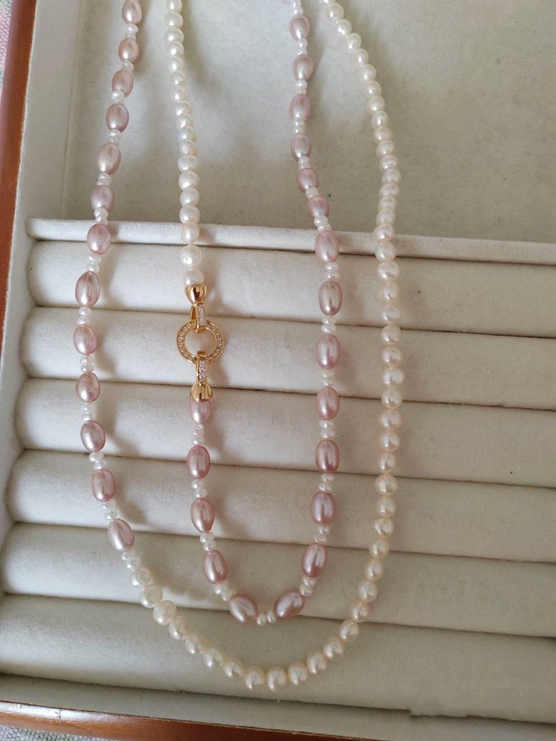 #PN291 Sea Breeze | Freshwater Pearl Necklace | Long Sweater Necklace | Lustrous Purple Rice Pearl | White Baroque Pearl | Zircon Clasp