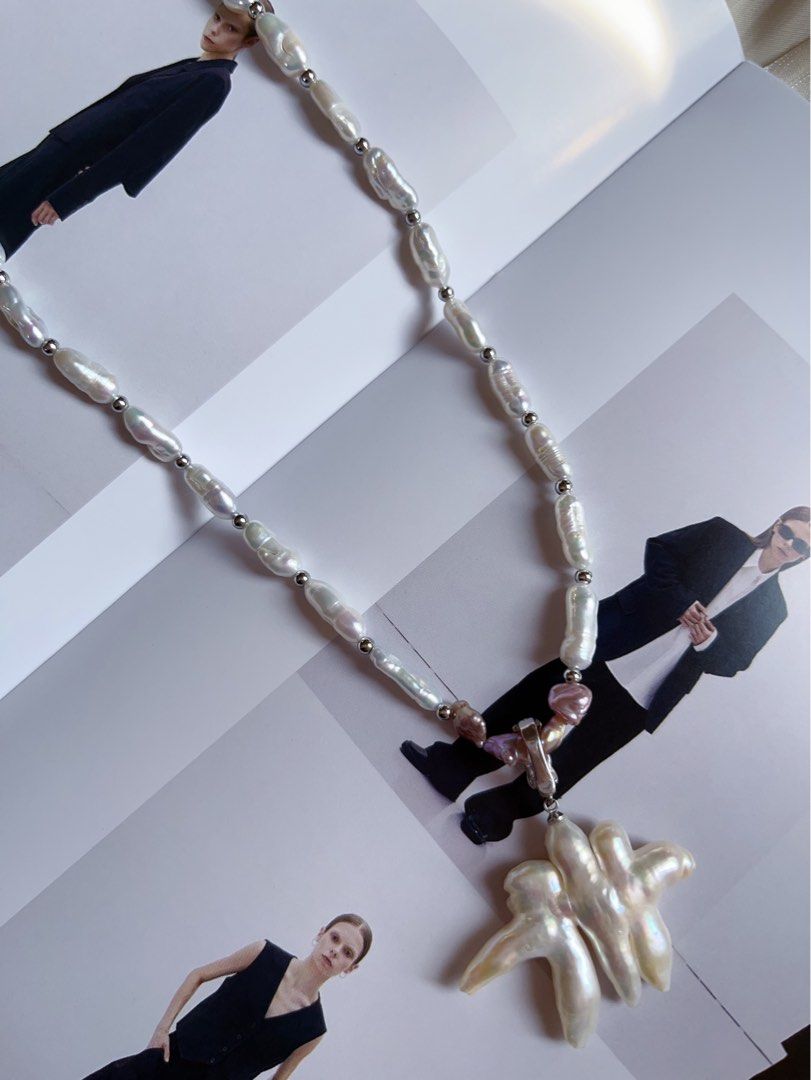 #PN385 [Sale]Handmade Original Design Freshwater Pearl Necklace |”Stick” Baroque Pearl |Natural Joining Cross Pearl Pendant Removable