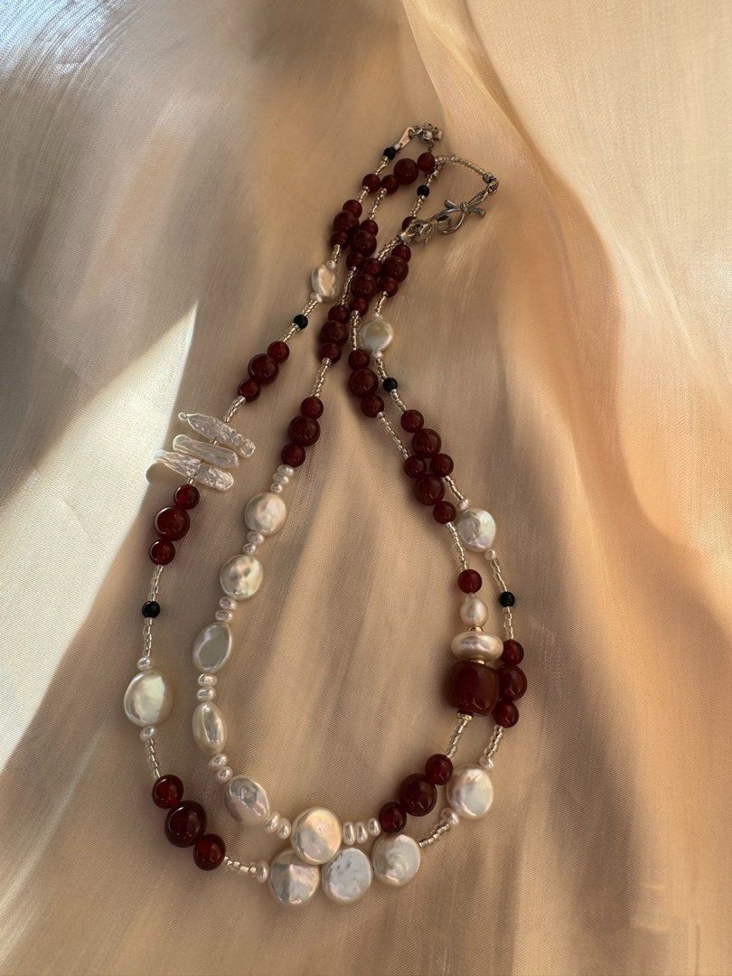 #PN247 Dark Moon|Freshwater Pearl Necklace |Double-layered|Garnet|Perfect Coin Pearls|Lustrous|Cool Silver