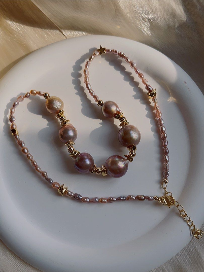 #PN388 [Sale]Freshwater Pearl Necklace |Big Baroque Pearl |Baby Baroque Pearl |Purple
