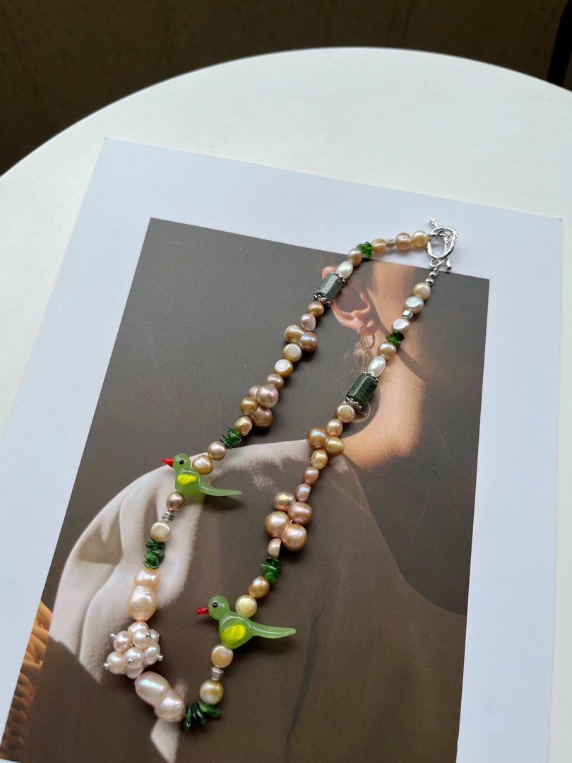 #PN165 [Floral Series] Birds in Jungle|Freshwater Pearl Necklace |Jade|Natural Stone|Gourd Pearl|Baroque Pearl|Golden Lustre