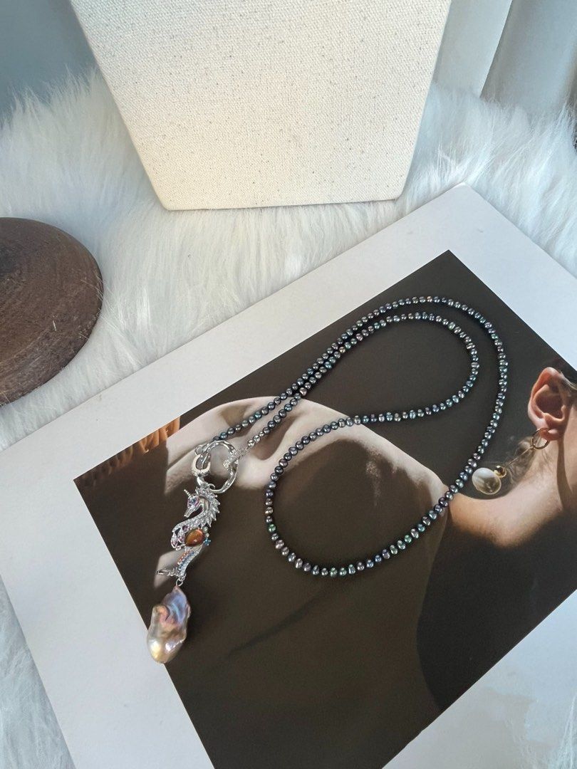 #PN370 Deep Sea|Freshwater Pearl Necklace |Seahorse Pendant |Purple-golden Big Baroque |Baby Dark Pearl |Rare|Gothic Style |Electro-coated Colour