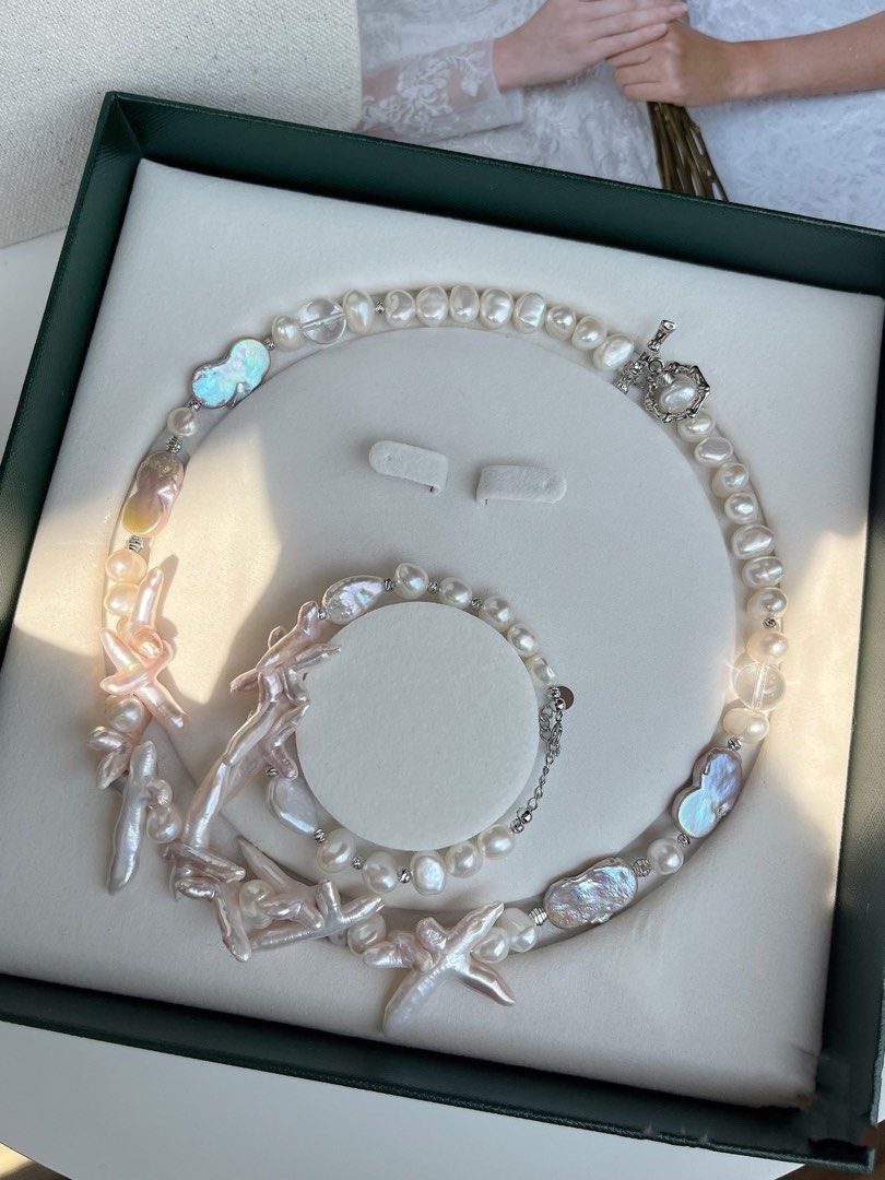 #PN68 Cross Flower | Freshwater Pearl Necklace & Bracelet Set | Bit Pinkish Cross Pearl | Lustrous Baroque Pearl | White Quartz