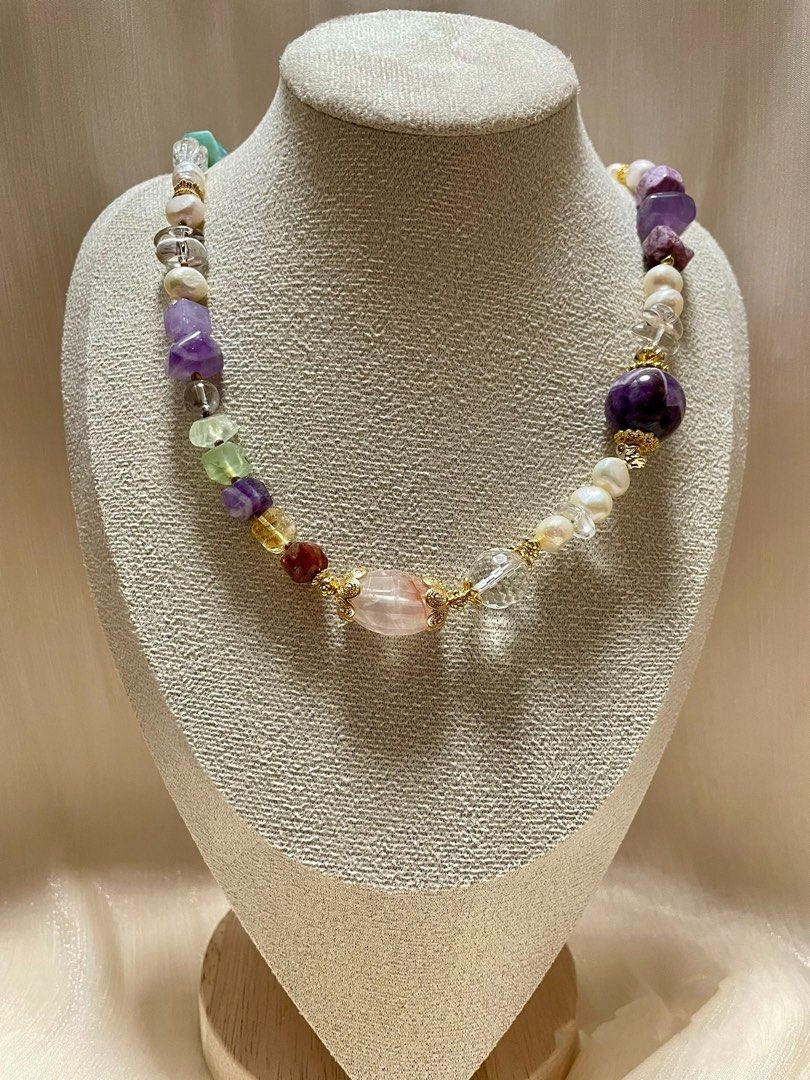 #PN60 Celestial Cascade | Freshwater Pearl Necklace | Stone Baroque Pearl | Big Chevron Amethyst | Amethyst Freeform| Prehnite| Citrine | Fire Quartz