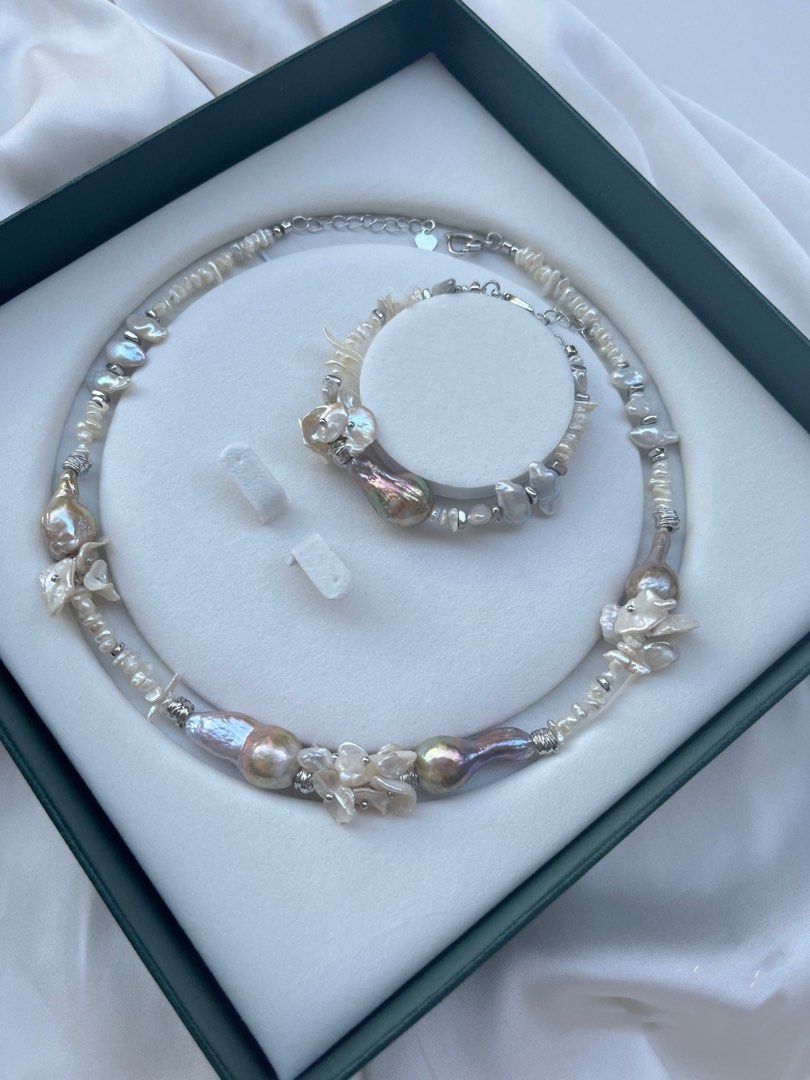 #PN32 [Floral Series]Layered Petals Avocado Freshwater Water-drop Baroque Pearl Necklace & Bracelet