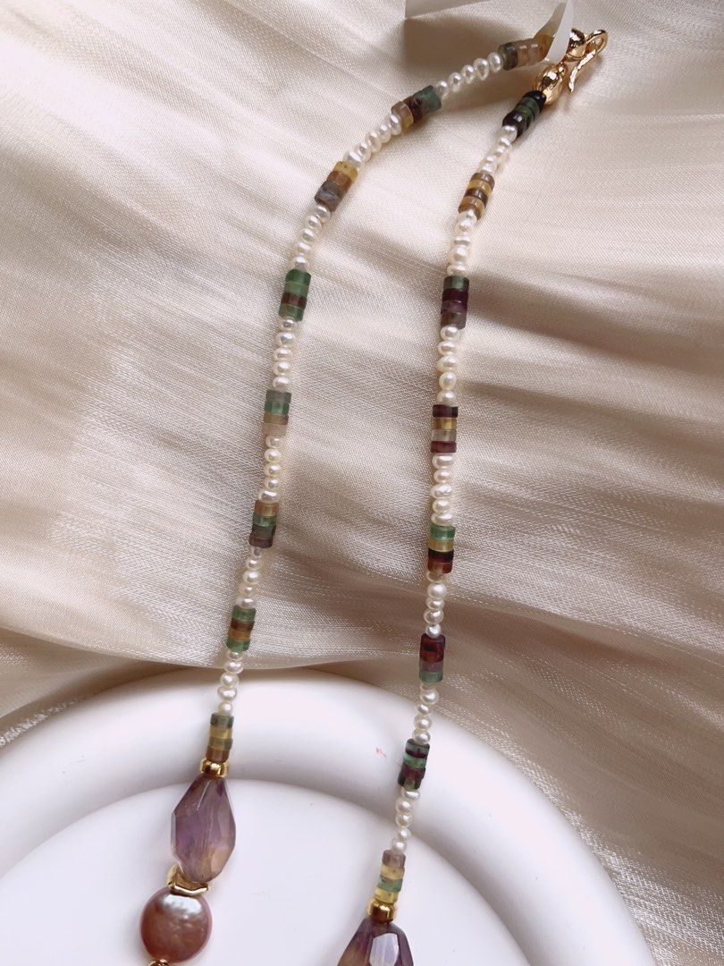 #PN391 [Sale]Medium Long Freshwater Pearl Necklace |Colourful|Baroque Pearl |Purple Quartz |Yellow Quartz
