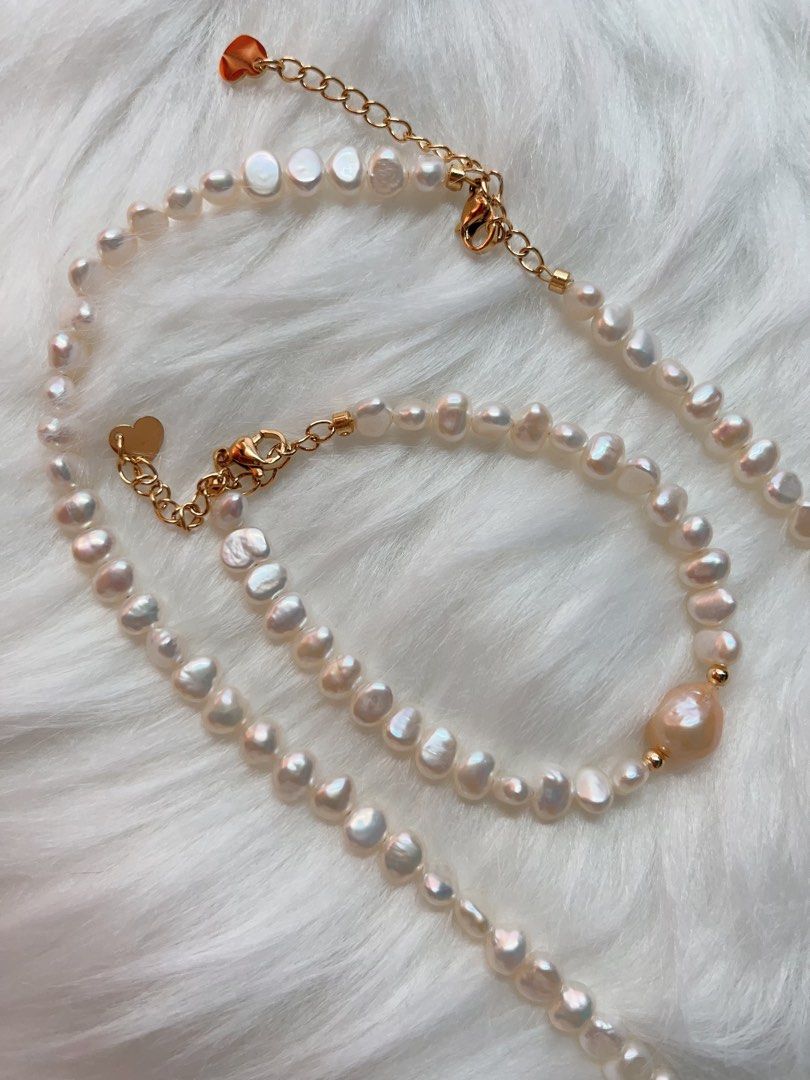 #PN405 Pink in White| Freshwater Pearl Necklace & Bracelet Set | Big Baroque Pearl | Champagne Pink| White Baroque Pearl | Lustrous