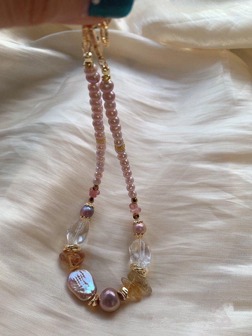 #PN396 [Sale]Freshwater Baroque Pearl Necklace |Bold Design|Big White Quartz |Big Edison Pearl |Strawberry & Yellow Quartz |Purple