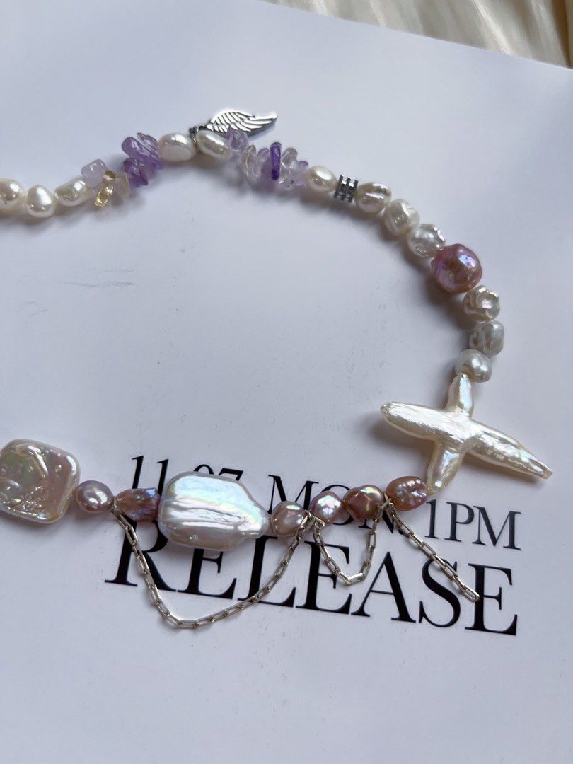 #PN407 [Sale]Handmade Original Design Freshwater Pearl Necklace |Double-sided|Big Waterdrop Baroque Pearl Removable Pendant|Cross|Purple Quartz |Dripping