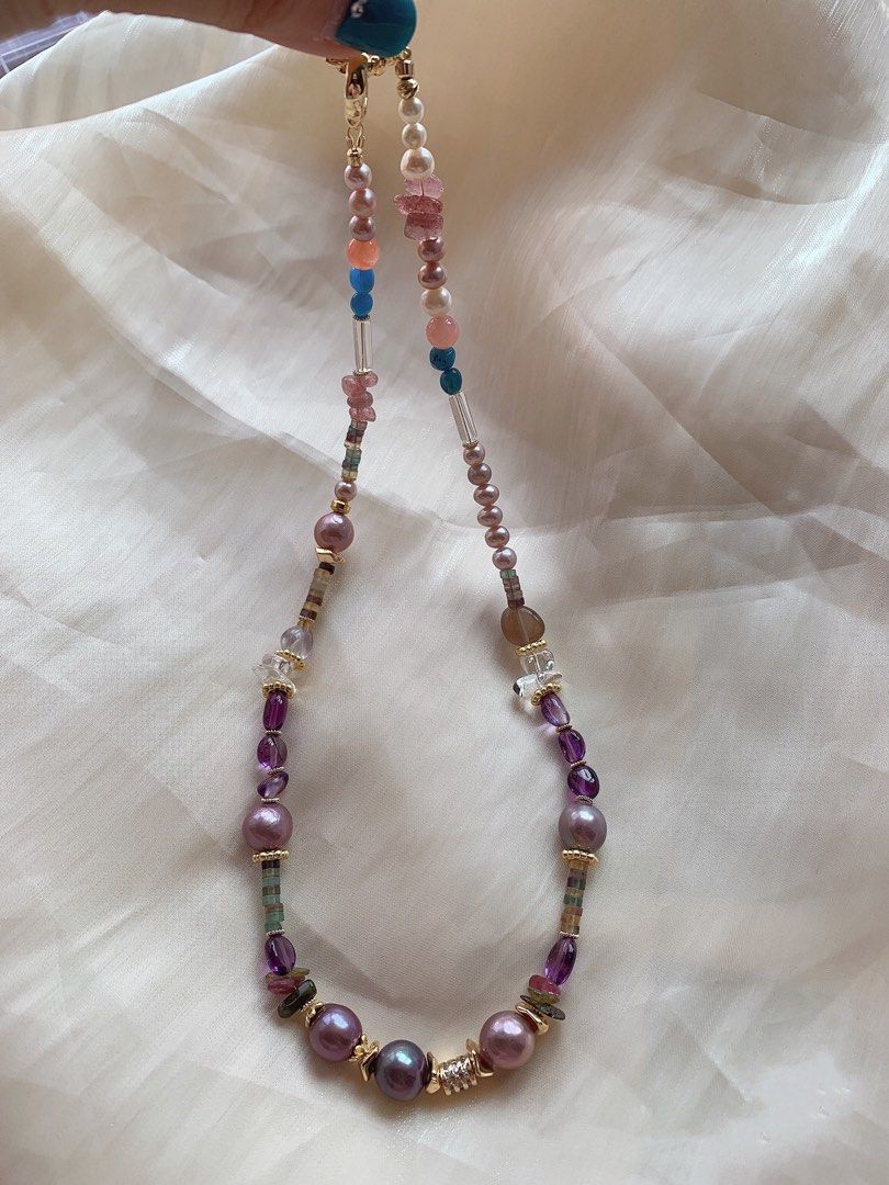 #PN389 [Sale]Freshwater Baroque Pearl & Natural Quartz Necklace |Big Edison Pearl |Crimson Agate|White & Strawberry & Purple Quartz |Amazonite|Fluorite