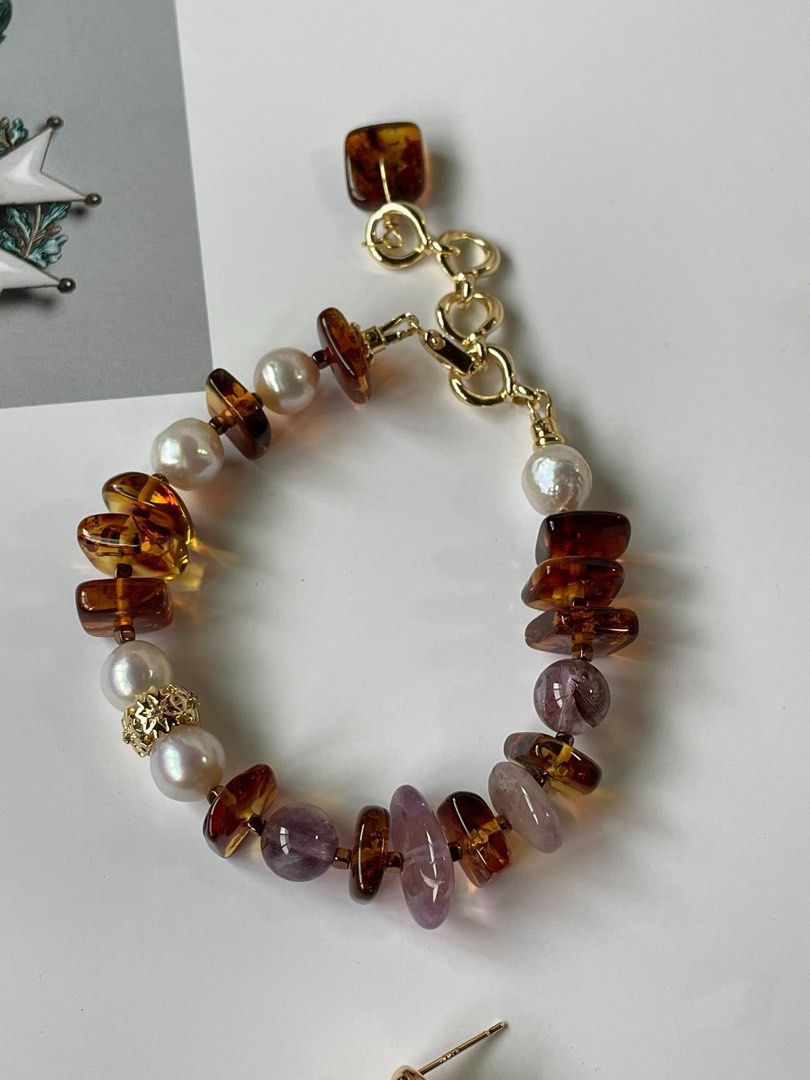 #PN355 Luxe Layers|Freshwater Pearl Necklace & Bracelet & Earrings Set |Baroque Pearl |Amber Chip|Amethyst|Big Citrine