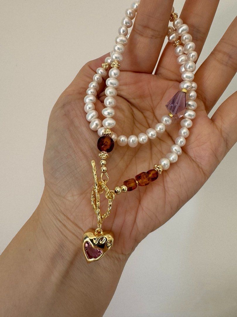#PN440 Pink Heart|Freshwater Pearl Necklace |Amber|Clear Amethyst | Multi Wear|Lustrous