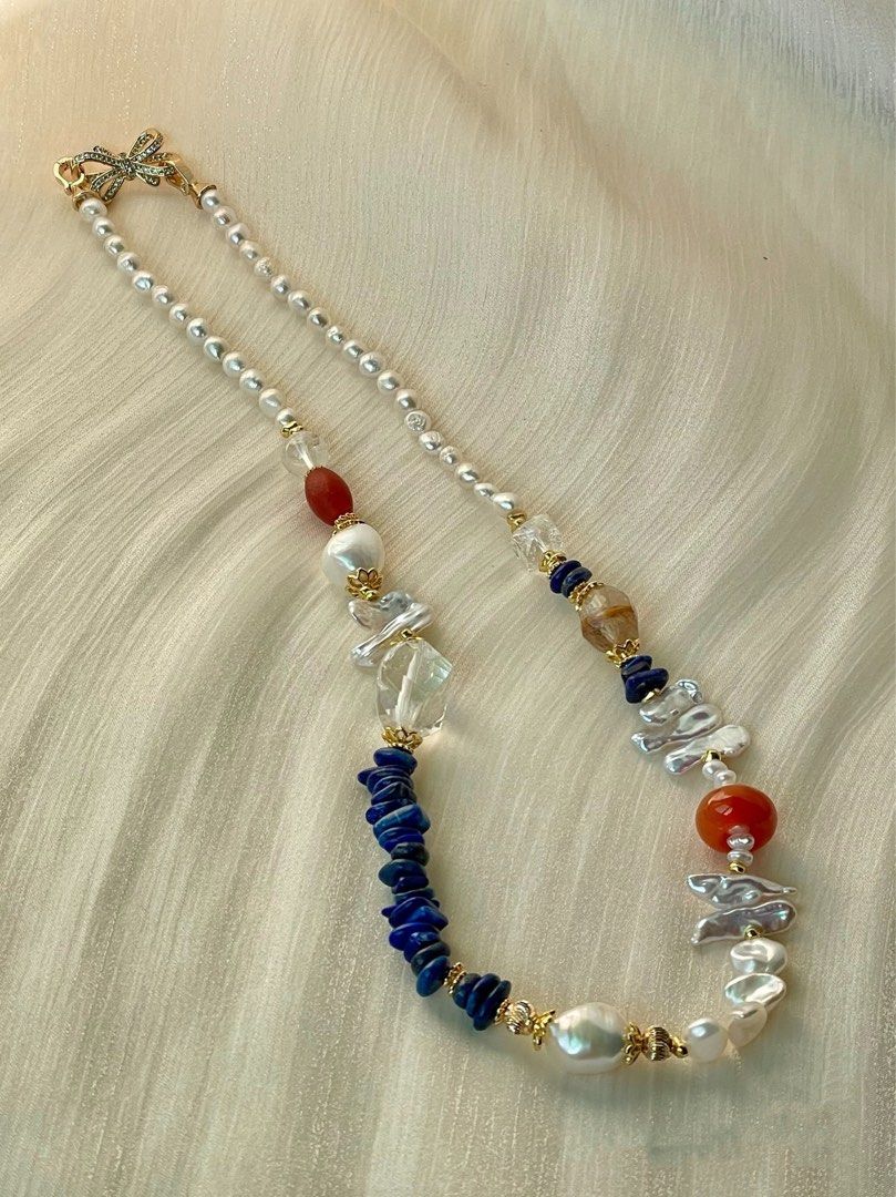 #PN05 Rustic Radiance | Freshwater Pearl Necklace | Lapis Lazuli Chips| Clear Quartz Freeform| Red Agate Ring| Lute Baroque Pearl | Fire Quartz Barrel