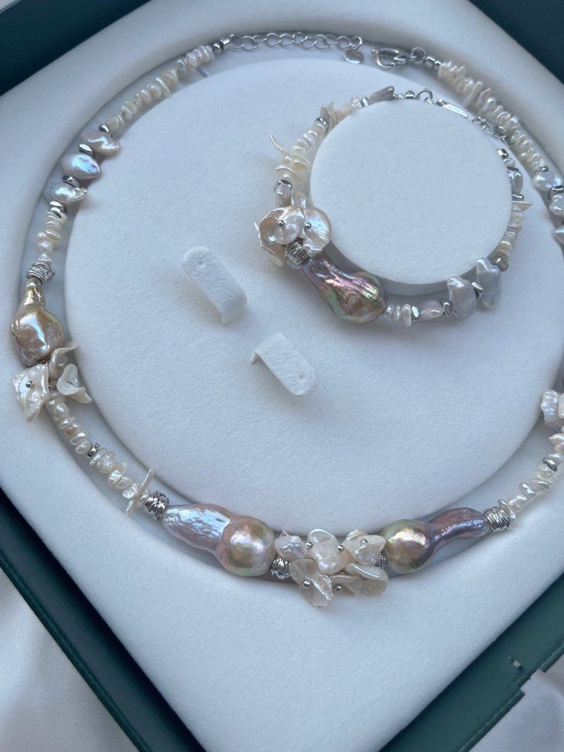 #PN32 [Floral Series]Layered Petals Avocado Freshwater Water-drop Baroque Pearl Necklace & Bracelet