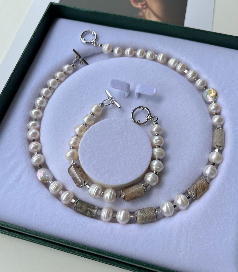 #PN234 Unisex| Freshwater Pearl Necklace & Bracelet Set |UFO Shaped Pearl |Grey Agate|Natural Growth Lines