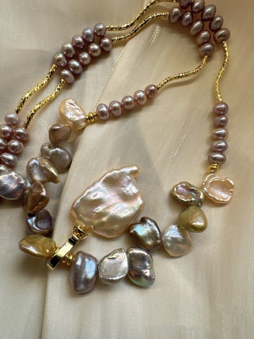 #PN406 Ocean’s Embrace |Freshwater Pearl Necklace |Baby Pearl|Big Petal Pendant |Pearl “Chip”|Lustrous