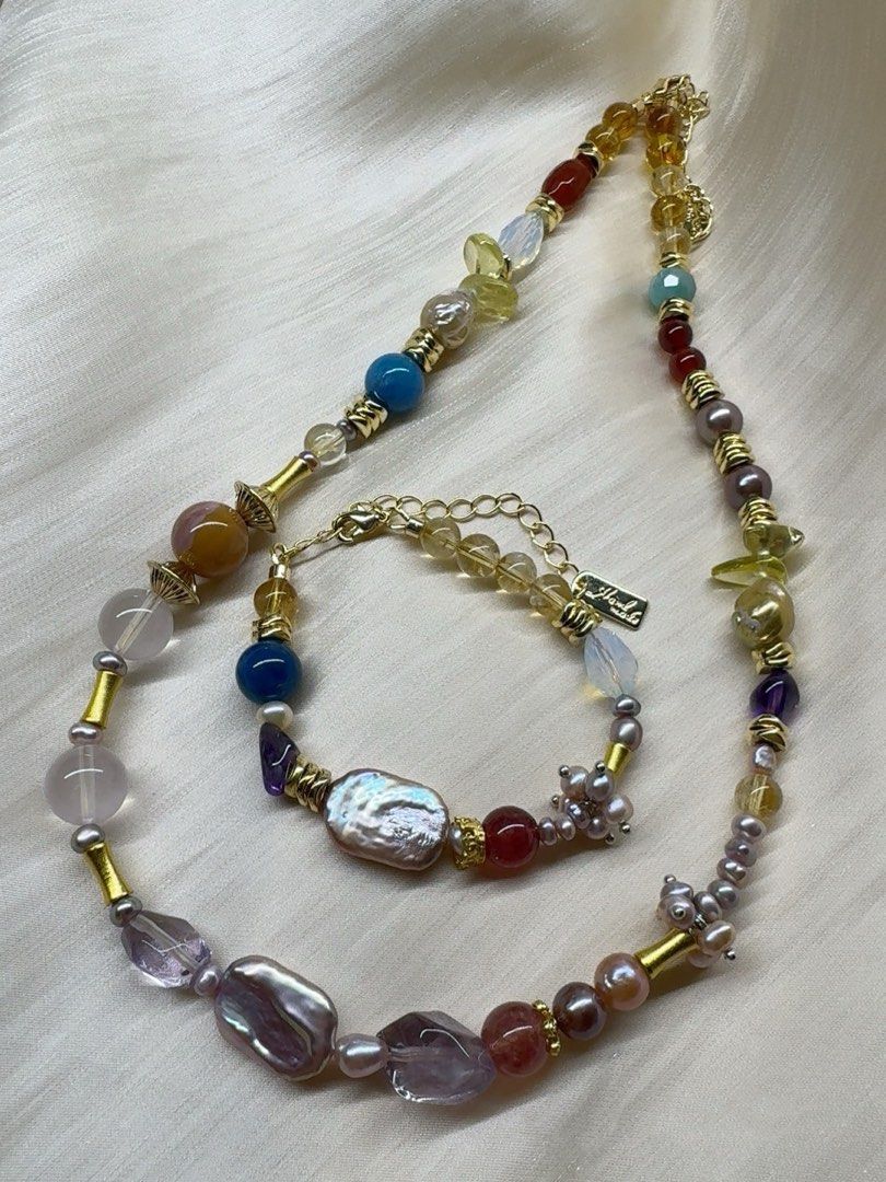 #PN139 [Sale] [Floral Series] Purple Clouds |Freshwater Pearl Necklace & Bracelet Set |Opal Stone|Purple Quartz |Red Agate|Golden Rutilated Quartz |Square Pearl |Natural Stones