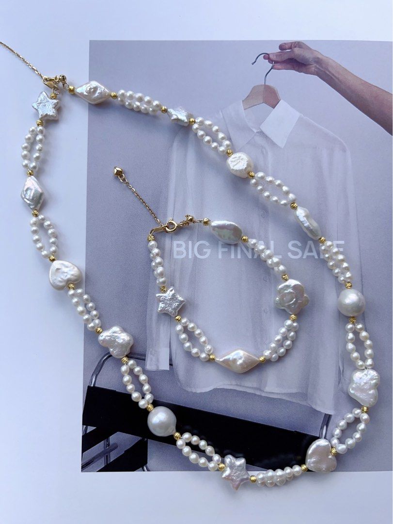 #PN190 [Sale]Star & Heart| Freshwater Pearl Necklace & Bracelet Set |Baroque Pearl |Baby Pearl |Double Layered