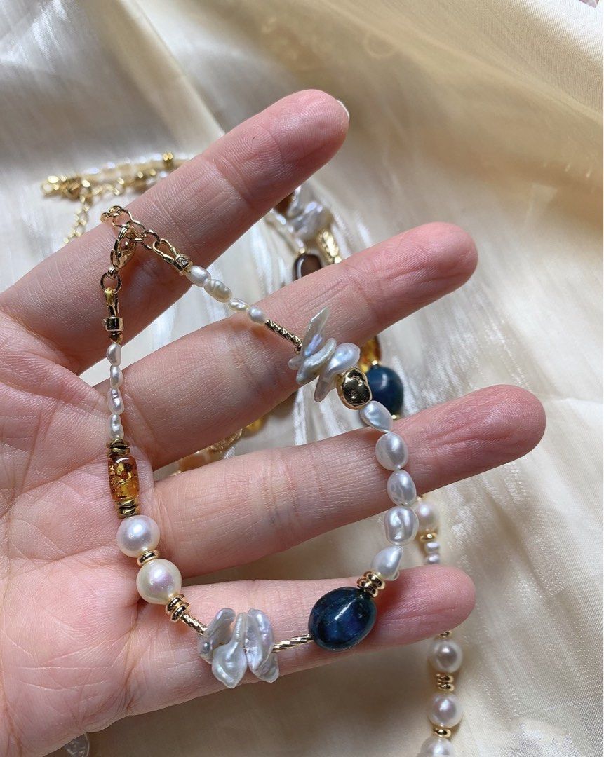 #PN204 Autumn Garden |Freshwater Pearl Necklace & Bracelet Set|Baby Baroque Pearl |Big Petal Baroque Pearl |Tea Quartz |Natural Stones |Cat Head Shell