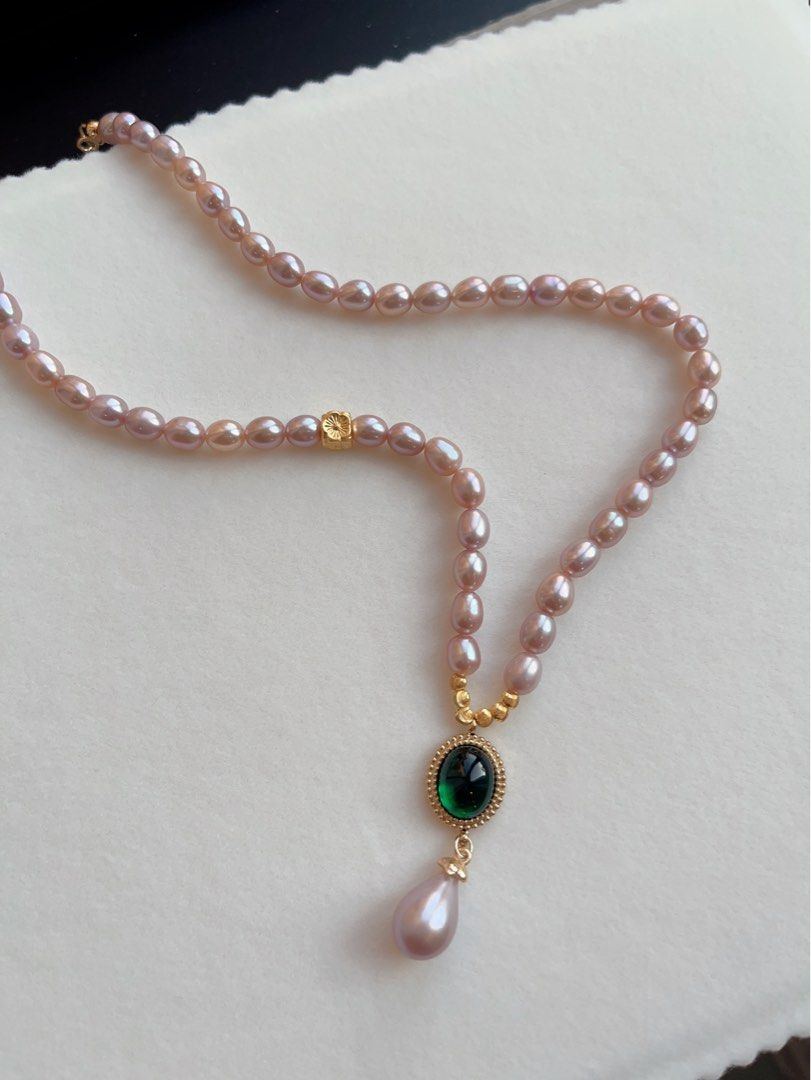 #PN126 Freshwater Pearl Necklace |Purple Pearls|Metallic Lustre| Green Nano Pendant |Peach Blossom Charm