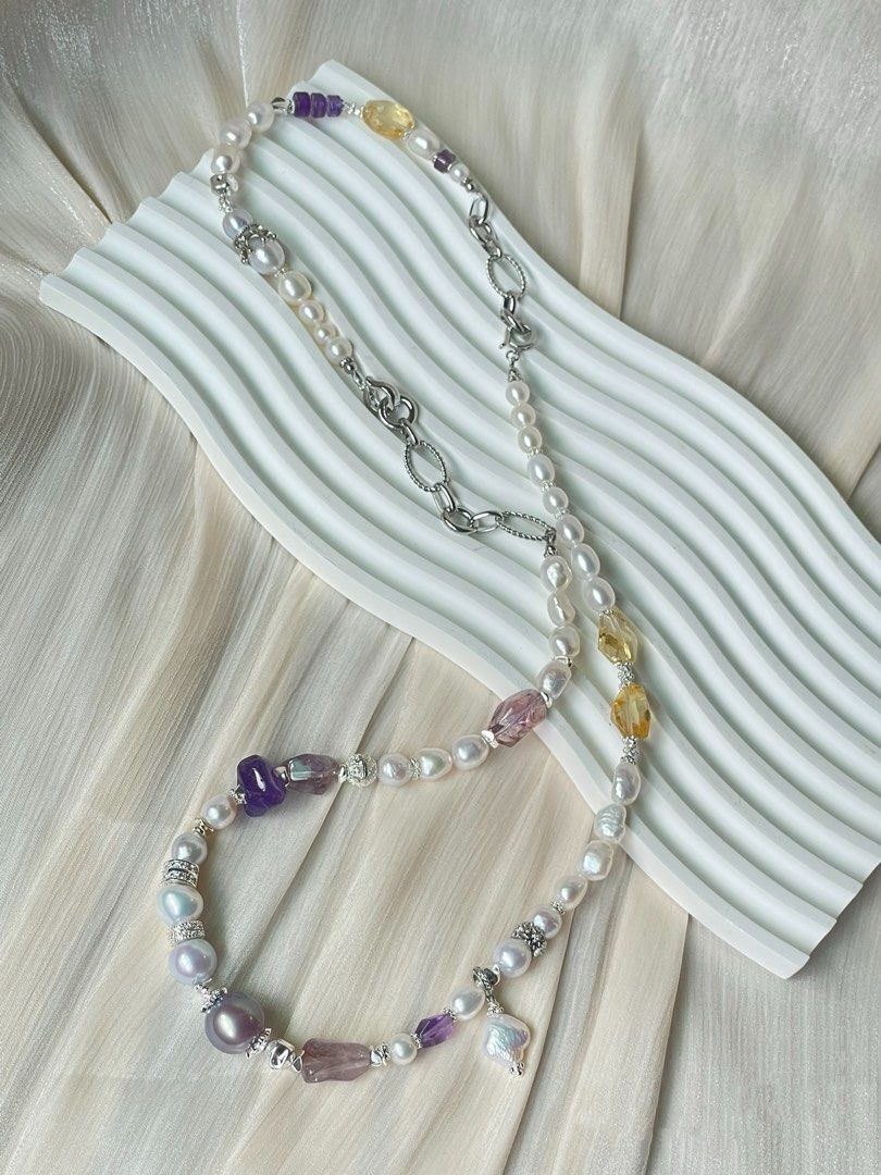#PN61 Bespoke Beauty|Freshwater Pearl Necklace & Bracelet Set |13.2mm Big Edison Pearl|”stone” Baroque |Citrine Freeform|Amethyst Freeform|Removable Pendant