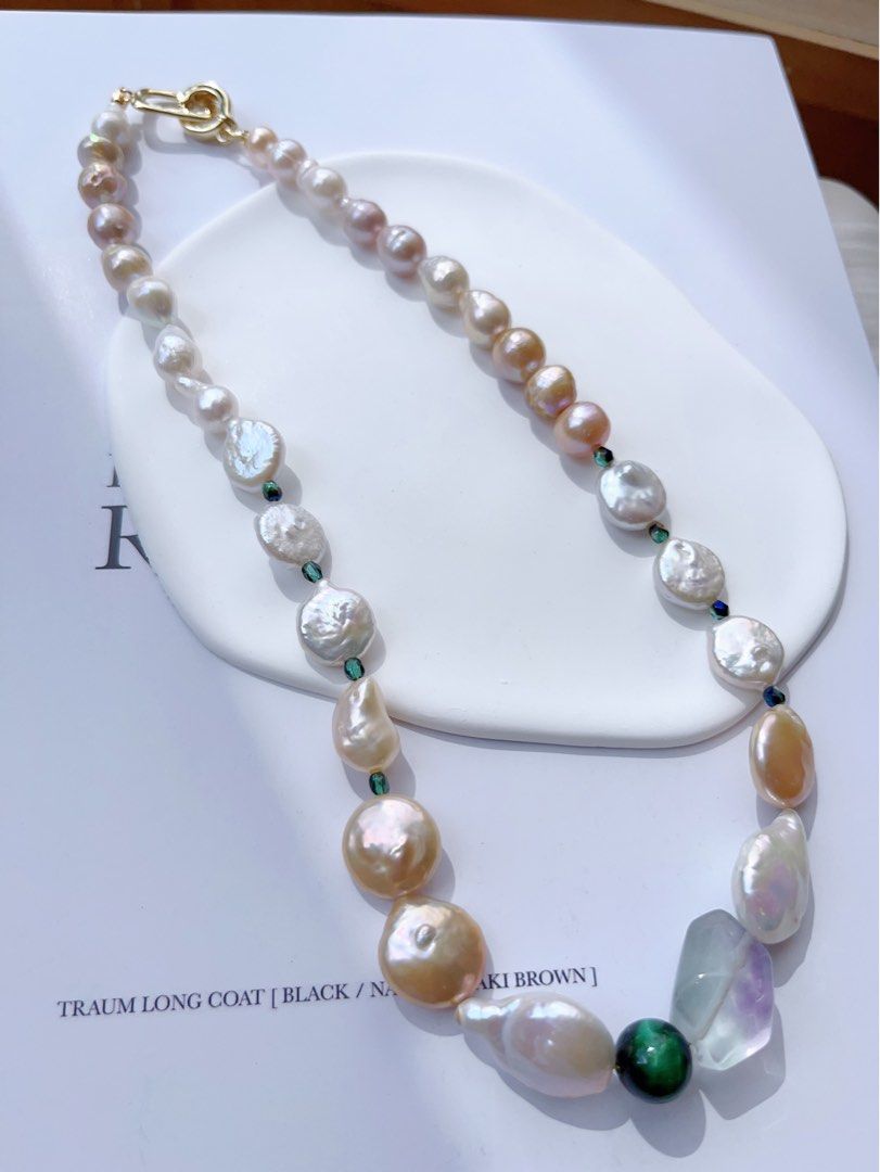 #PN399 [Sale]Autumn’s Forest |Freshwater Pearl Necklace |Fluorite|Malachite|Coin Pearl |Colourful|Wrinkled Baroque Pearl |Golden Lustre