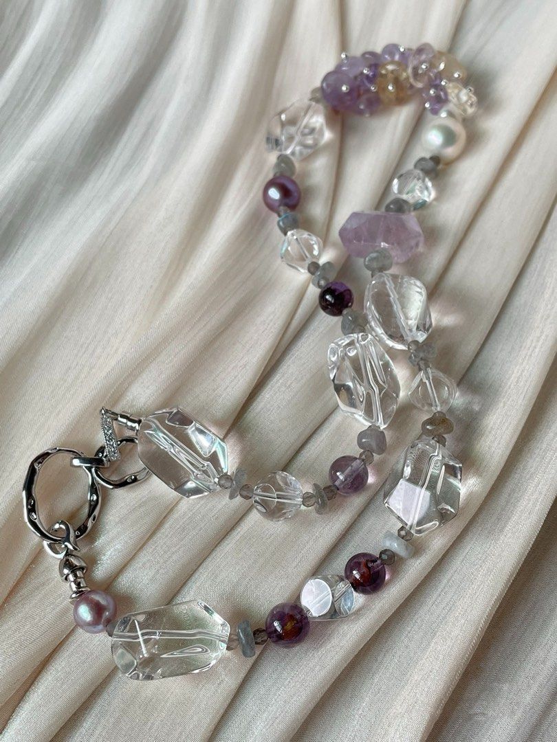 #PN351 [Floral Series] Jewels of the Earth|Freshwater Pearl Necklace |High Quality Big Clear Quartz Freeform |Edison Pearl |Ametrine Petals|Purple Phantom