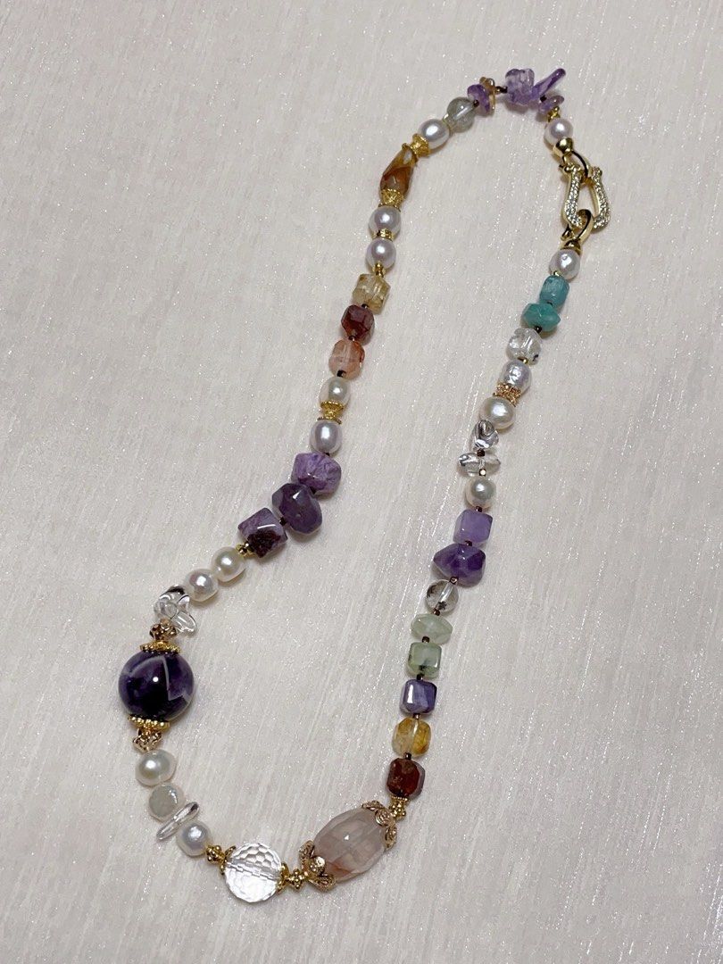#PN60 Celestial Cascade | Freshwater Pearl Necklace | Stone Baroque Pearl | Big Chevron Amethyst | Amethyst Freeform| Prehnite| Citrine | Fire Quartz