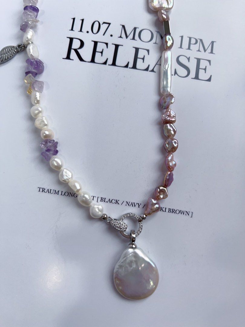 #PN407 [Sale]Handmade Original Design Freshwater Pearl Necklace |Double-sided|Big Waterdrop Baroque Pearl Removable Pendant|Cross|Purple Quartz |Dripping
