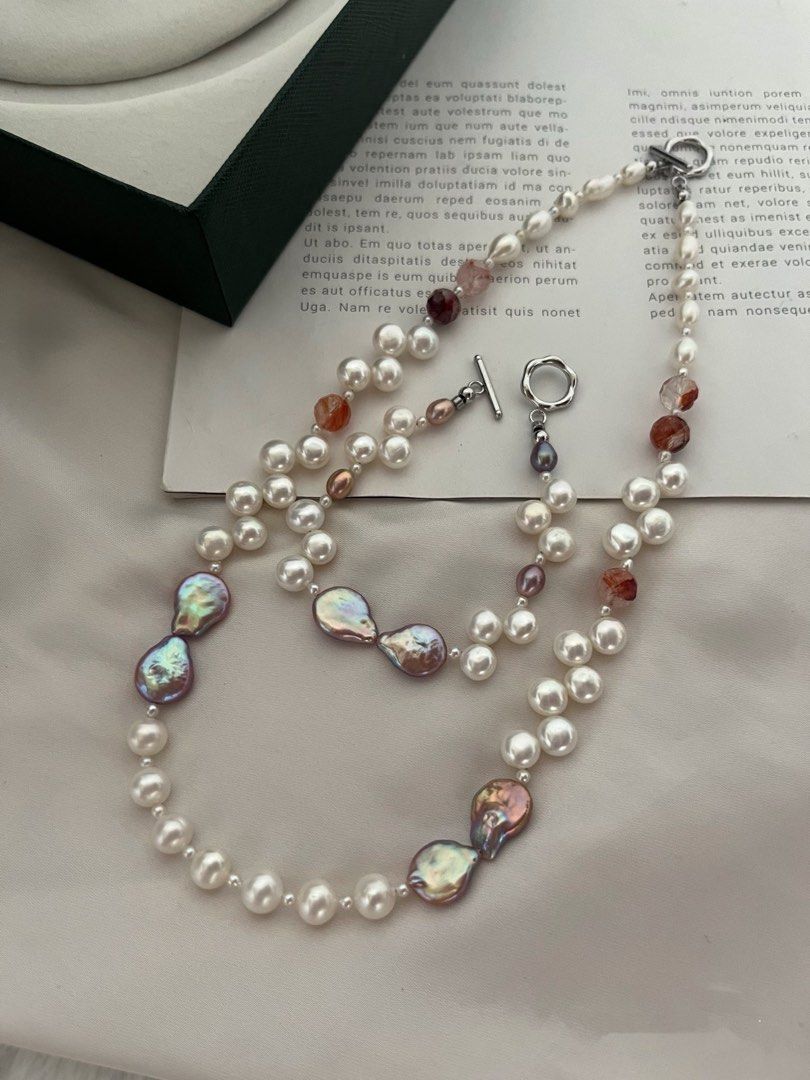 #PN248 Purple Bow Tie|Freshwater Pearl Necklace & Bracelet Set| Water-drop Shaped Pearl | Wheat-ear Bun Pearl | Fire Quartz