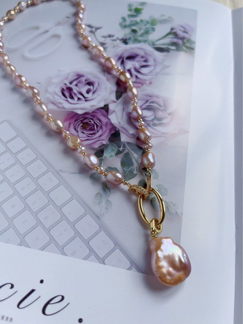 #PN380 [Clearance Sale] Purple Stones| Freshwater Pearl Necklace |Removable Pendant |Wear Multi Way|Removable Connector Ring|Gorgeous Lustre|Baroque Pearl |Big Pendant