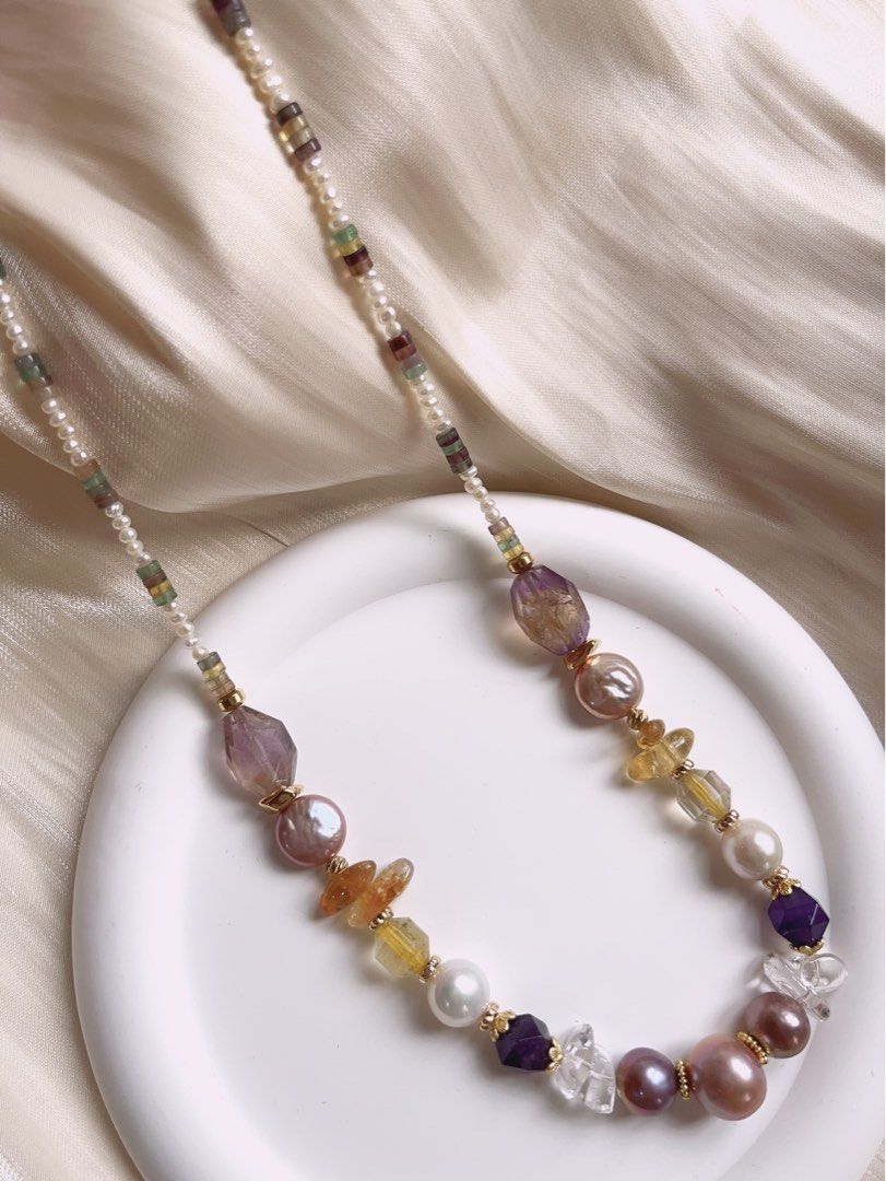 #PN391 [Sale]Medium Long Freshwater Pearl Necklace |Colourful|Baroque Pearl |Purple Quartz |Yellow Quartz