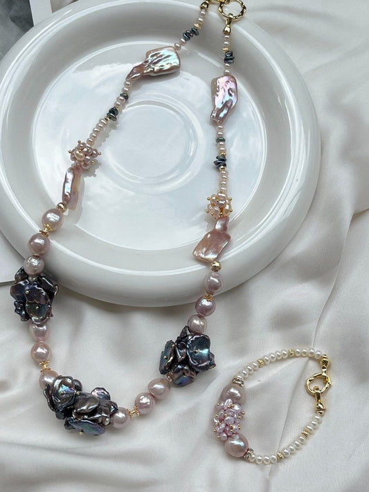 #PN166 [Floral Series]Exaggerating Freshwater Baroque Pearl Necklace & Bracelet Set |Metallic Black Pearl Petals |Big Lustrous Baroque Irregular Pearl |Pink Petals