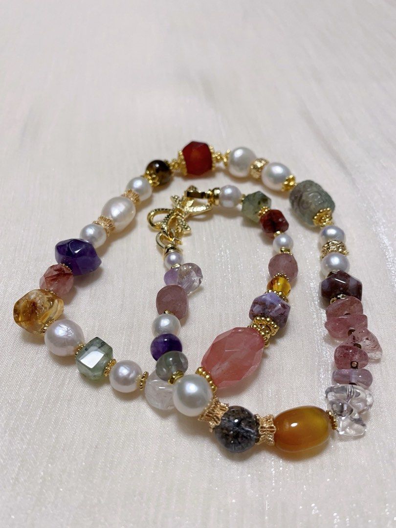 #PN22 Graceful Gems| Freshwater Pearl Necklace | Carved Fluorite Barrel | Faceted Garnet| Amethyst Freeform | Fire Quartz Faceted | Strawberry Quartz Chip| Agate| Baroque Pearl