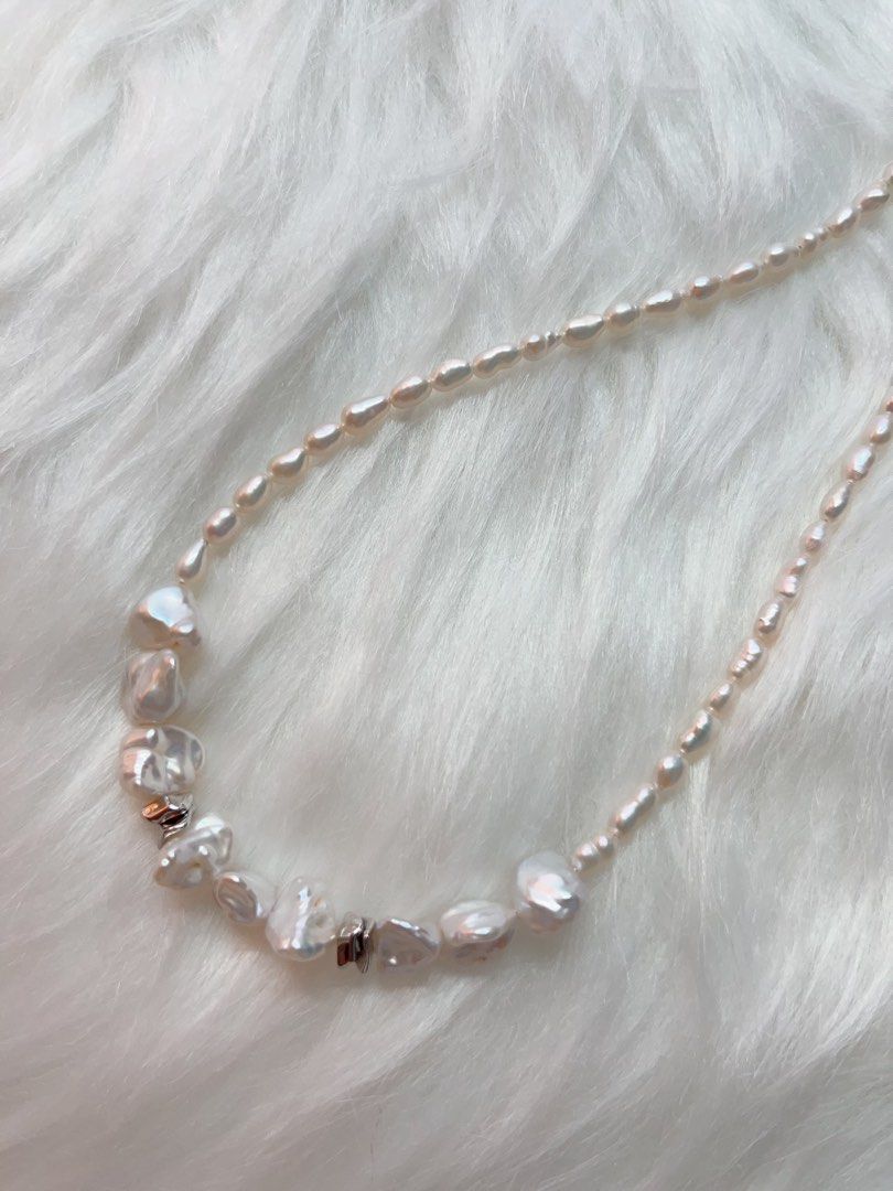 #PN340 Cool & Sweet| Freshwater Pearl Necklace | Ancient Silver Shape Baroque Pearl | Silver-ish Lustre| Baby Keshi Pearl
