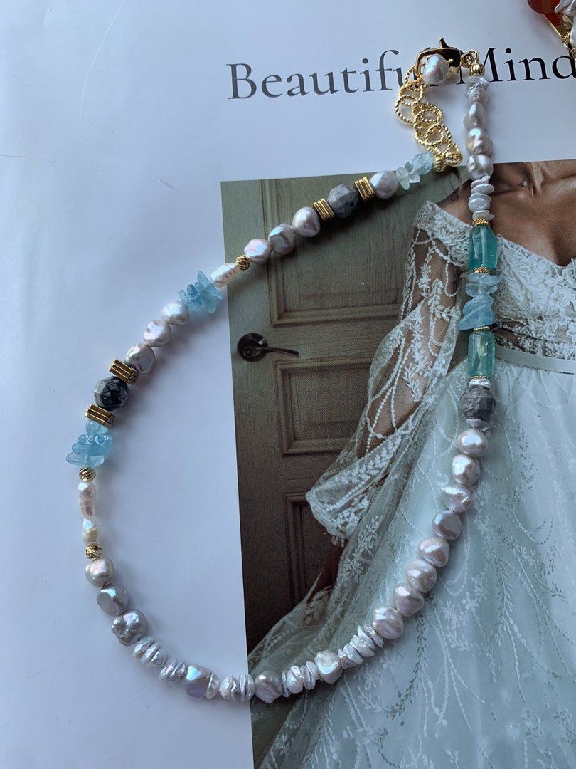 #PN113 Silver Pearl “ Stone” Necklace |Aquamarine|Stacked Pearl Petals