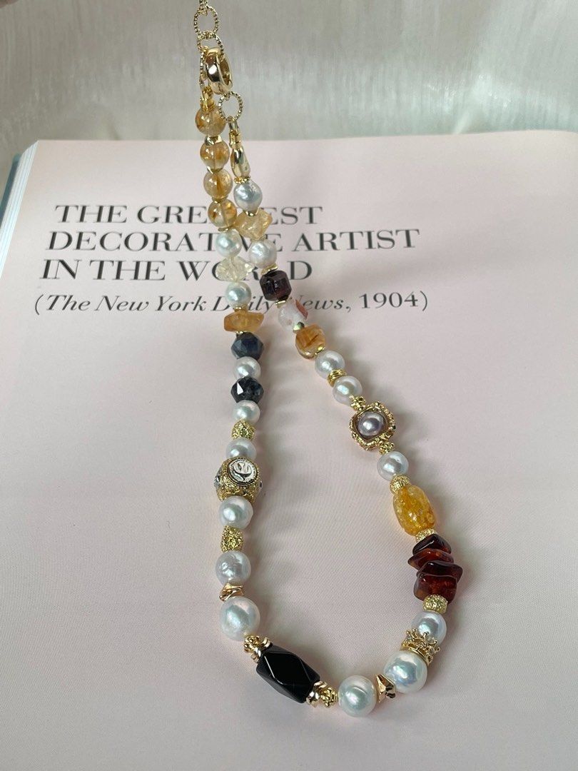 #PN357 Earthly Essence |Freshwater Pearl Necklace |Beeswax|Citrine Free Form|Amber |Iolite Faceted|Agate|Baroque Pearl
