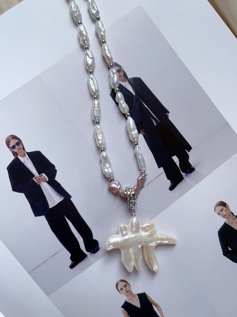 #PN385 [Sale]Handmade Original Design Freshwater Pearl Necklace |”Stick” Baroque Pearl |Natural Joining Cross Pearl Pendant Removable