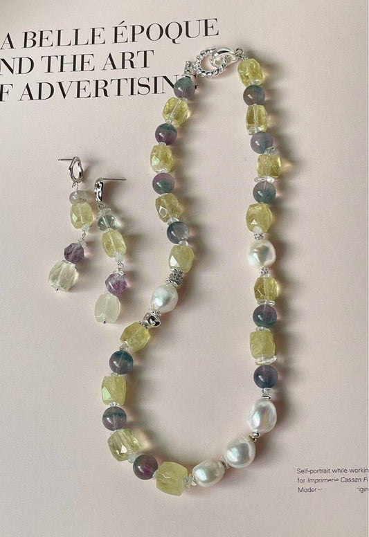 #PN53 Lemon Juice | Freshwater Pearl Necklace & Earrings Set| Lemon Quartz Freeform | Colourful Fluorite |11/12mm Big Baroque Pearl |Strong Presence