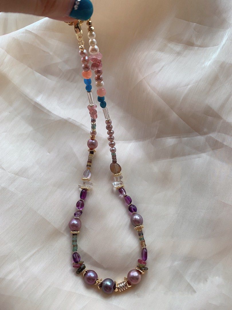 #PN389 [Sale]Freshwater Baroque Pearl & Natural Quartz Necklace |Big Edison Pearl |Crimson Agate|White & Strawberry & Purple Quartz |Amazonite|Fluorite