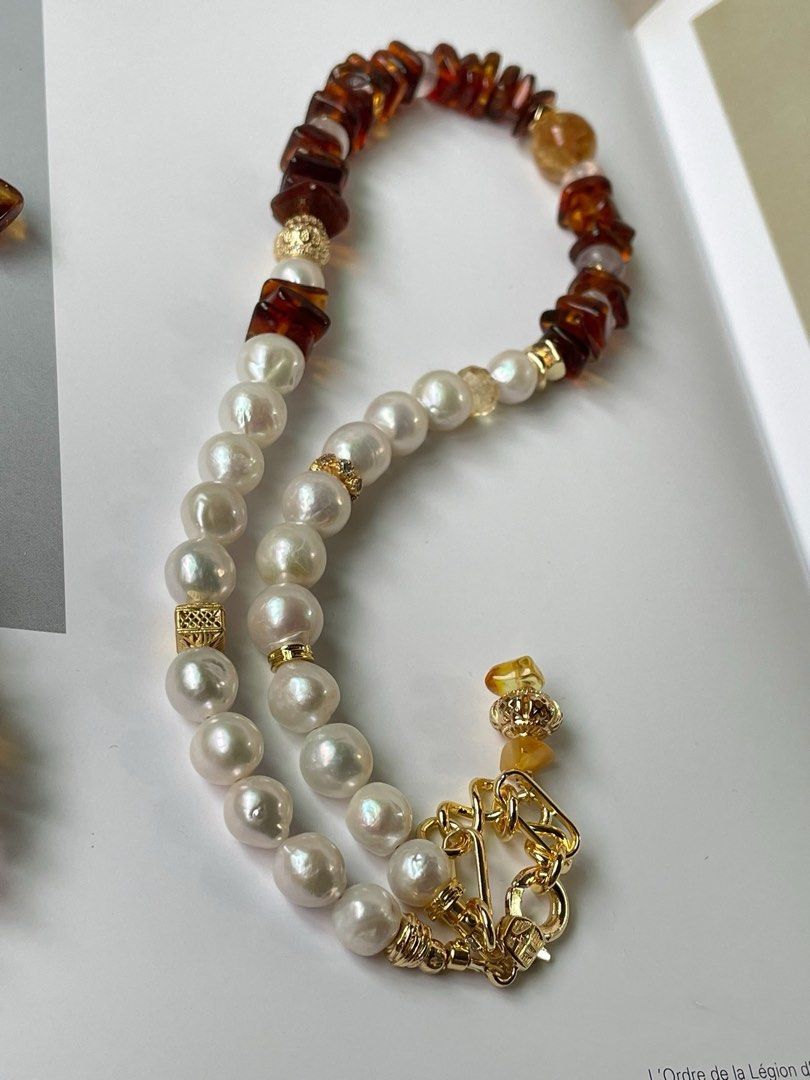 #PN355 Luxe Layers|Freshwater Pearl Necklace & Bracelet & Earrings Set |Baroque Pearl |Amber Chip|Amethyst|Big Citrine