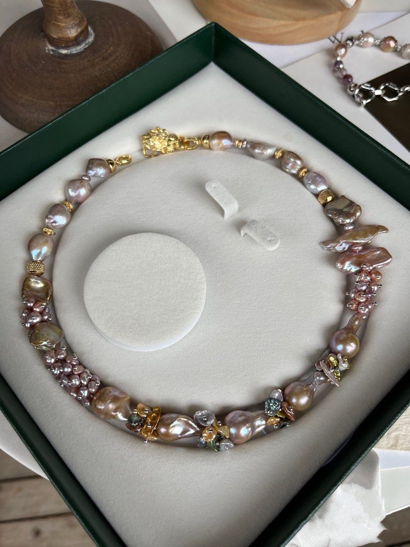 #PN365 [Floral Series] Gilding Purple|Freshwater Pearl Necklace |Dark Golden Lustre|Big Lute Petal Pearl |Rare Colour |Colourful Petals|Big Golden Baroque Pearl