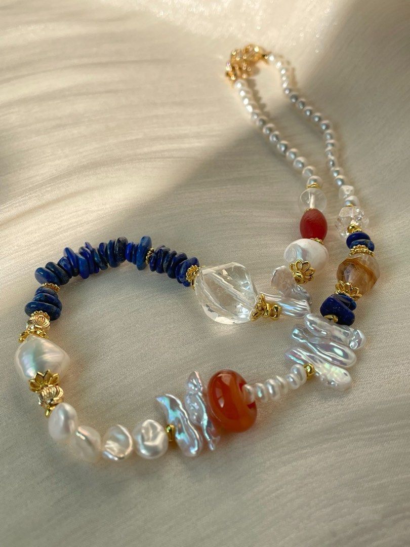 #PN05 Rustic Radiance | Freshwater Pearl Necklace | Lapis Lazuli Chips| Clear Quartz Freeform| Red Agate Ring| Lute Baroque Pearl | Fire Quartz Barrel
