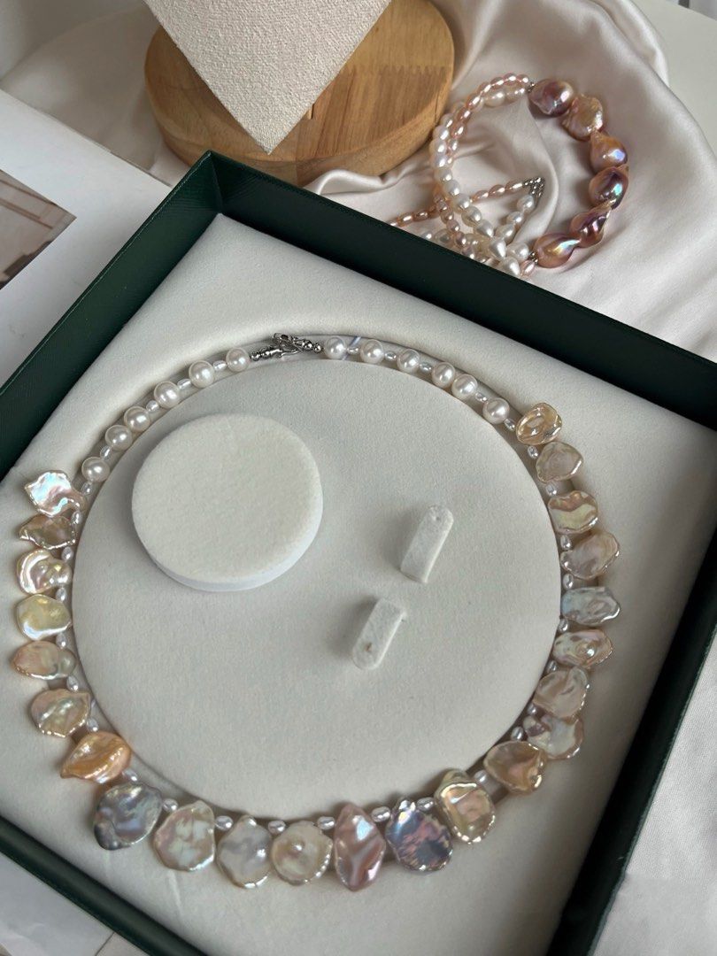 #PN364 Morandi Petals|Freshwater Pearl Necklace |Morandi Colours|Supreme Lustre |Blue, Champagne Gold, Pink Petal Pearl|Top Class Petals